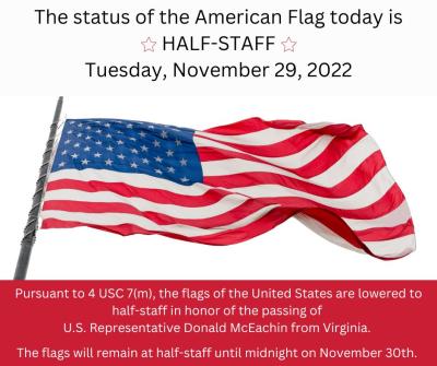 U.S. Flag Notice: Half-Staff November 29, 2022
